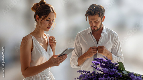 Braut und Bräutigam bei den Vorbereitungen zur Lavendelzochzeit - die Braut hält ein Smartphone in der Hand, der Bräutigam knöpft sich das Hemd zu, im Vordergrund liegt ein Lavendelstrauß quer im Bild