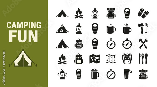 Camping Gear and Outdoor Adventure Activity Icon Set for Hiking and Wilderness Exploration Projects