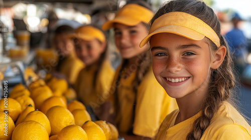 A young girl in a yellow shirt and visor smiles at the camera, standing behind a table filled with fresh lemons at an outdoor market, with other children visible in the blurred background.