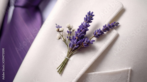 Lavendelhochzeit - Nahaufnahme des Kragens am Rever des Bräutigams mit einem kleinen Lavendelsträußchen