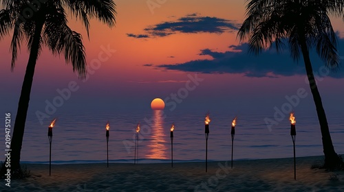 Hawaii luau party Maui fire tiki torches with open flames burning at sunset sky clouds at night