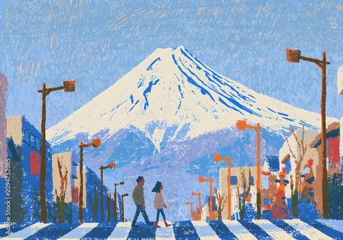 Colorful Illustration of Snow-Capped Mountain Above Urban Crosswalk with Pedestrians and Streetlights