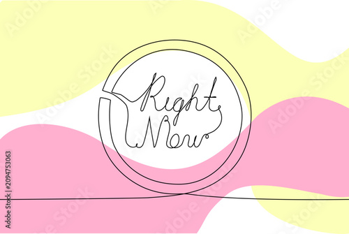 Continuous line clock with Right Now lettering on fluid background. Time management, modern motivation and mindfulness concept vector