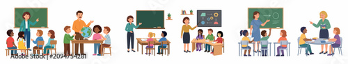 Konstfotografi Vector illustrations of elementary school teachers and students in classroom sce