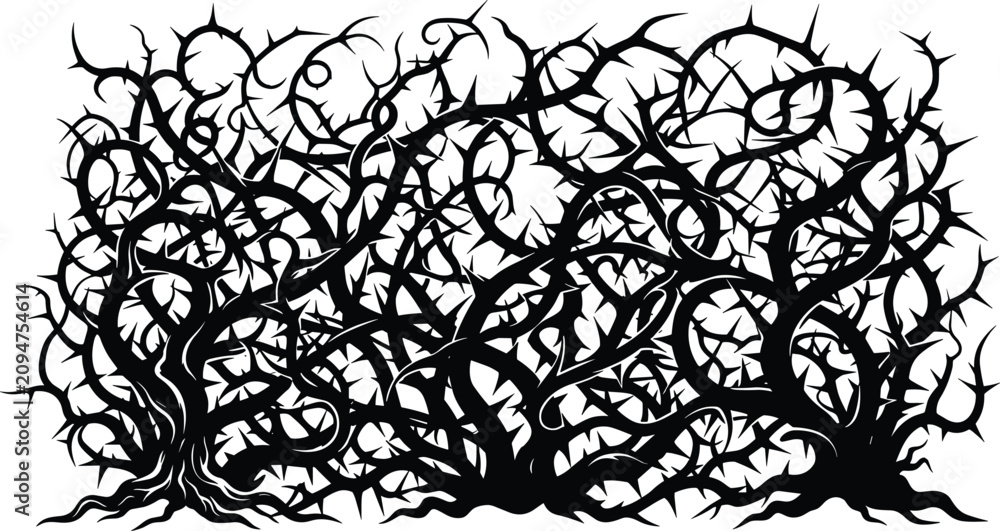 Obraz premium Intricate silhouette of tangled thorn vines and bramble thicket for creative background and gothic nature themes