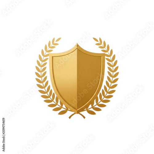 A golden shield emblem surrounded by a laurel wreath on a white background.