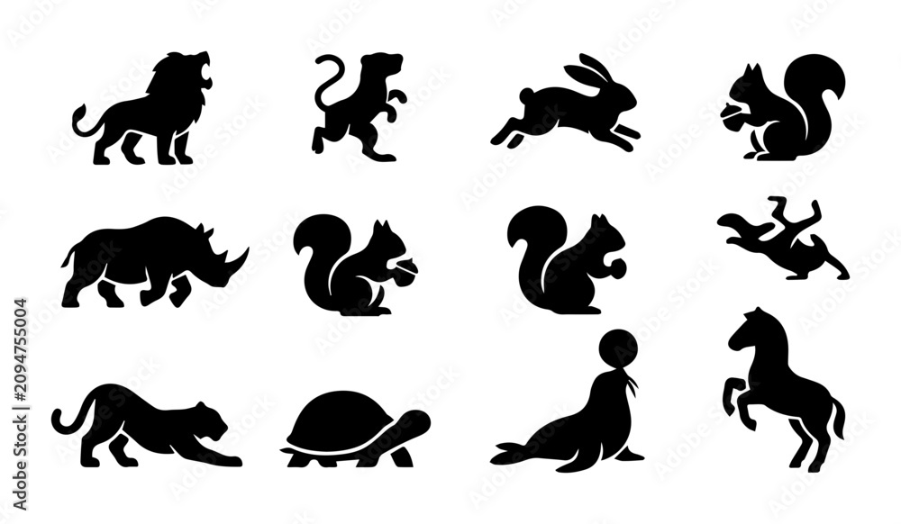 Obraz premium Animal Silhouettes Collection: Lion, Tiger, Horse, Seal, Squirrels, Rhinoceros, Rabbit, Panther, Turtle, Vector Icons