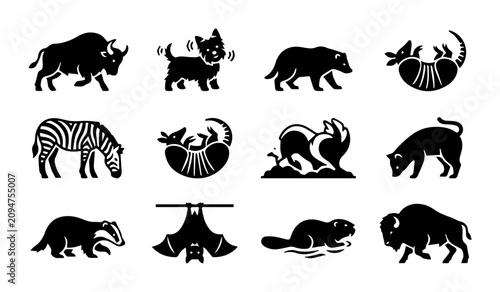 Photography Wild Animal Silhouettes Collection: Bison, Bear, Zebra, Badger, Dog, Bat, Beaver