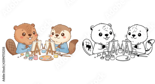 Cute Beaver and Otter Painting Together - Kawaii Woodland Animals Art Class Illustration
