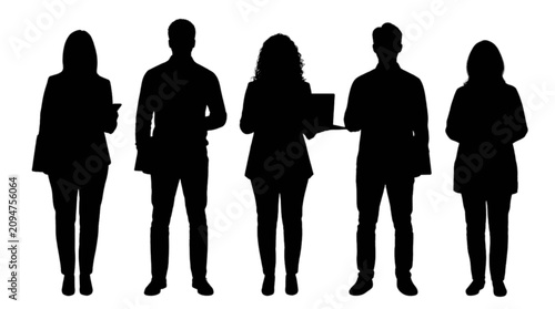 Black silhouettes of five business people standing isolated on transparent background, Vector
