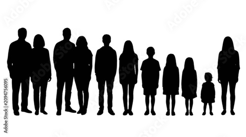 Black silhouettes of a diverse family group standing together isolated on transparent background, Vector