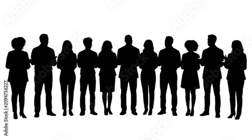 Black silhouettes of diverse people standing in a row isolated on transparent background, Vector