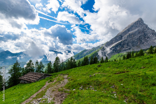 Fotografie Idyllic alpine landscape with a traditional wooden mountain hut on a green slope