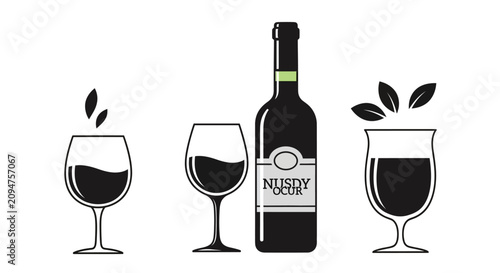 Bild auf Leinwand Wine bottle and glasses with leaves on white background