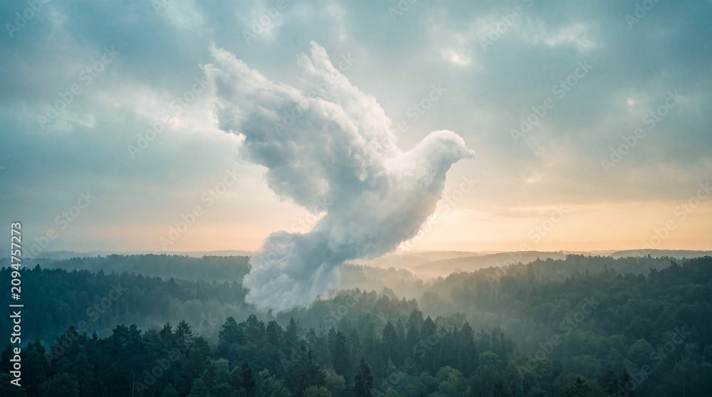 Obraz premium A majestic cloud formation shaped like a soaring dove floating peacefully above a dense misty forest landscape at sunrise in a serene morning sky