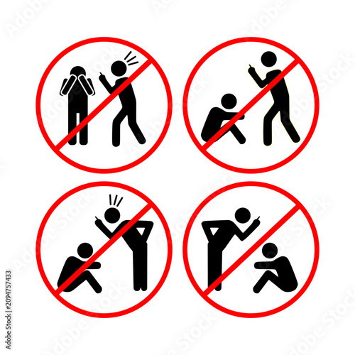 Prohibition symbols against verbal abuse and social aggression between individuals stop bullying