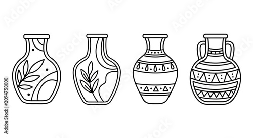 Foto Hand-drawn ceramic vases collection, outline pottery art, decorative earthenware