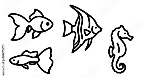Photography Simple Line Art Collection of Aquarium Fish and Seahorse