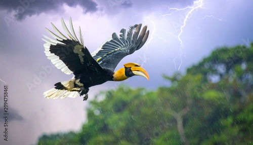 Rhinoceros Hornbill Flying Above Borneo Rainforest During Stormy Weather