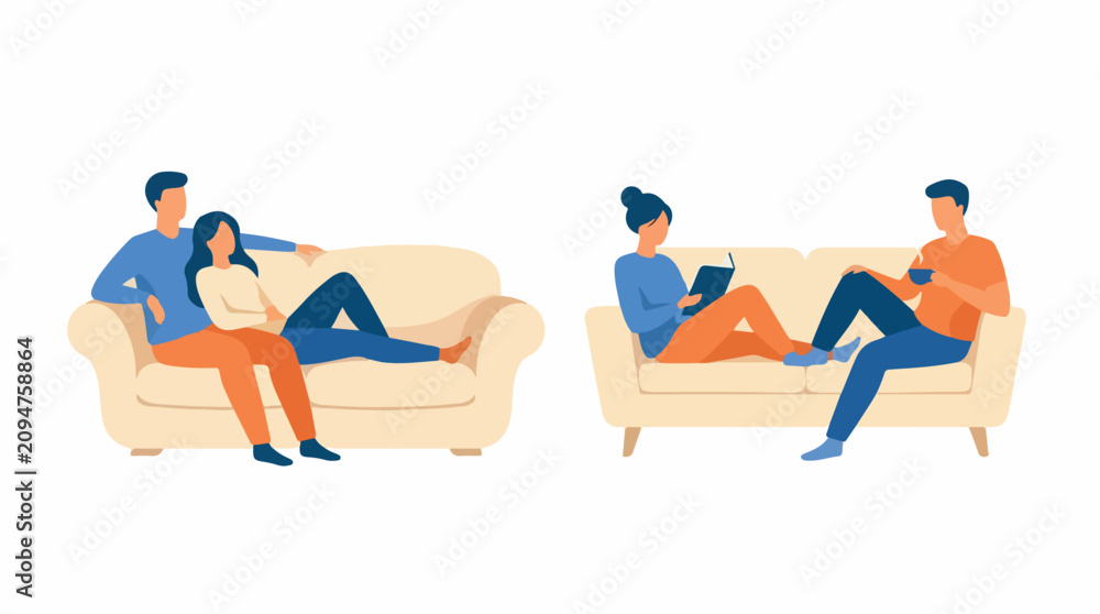 Obraz premium Couples Relaxing at Home Together on Comfortable Sofas Illustrating Cozy Domestic Life and Leisure Activities