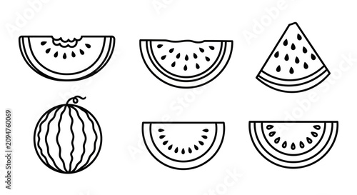 Foto Watermelon Slices and Whole Fruit Line Art Icons - Fresh Summer Fruit Set