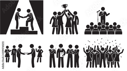 Professional achievement icons featuring team victory, public speaking, networking, and award ceremonies.