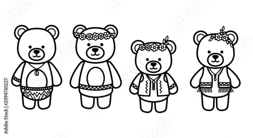 Fotografie Cute cartoon teddy bears in boho outfits, flower crowns, and fringe vests, vecto