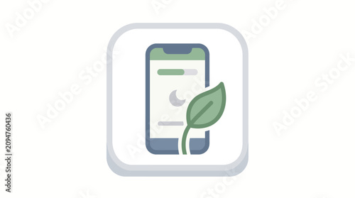 A graphic illustration of a smartphone displaying a green screen with a leaf growing out of it in a square frame.