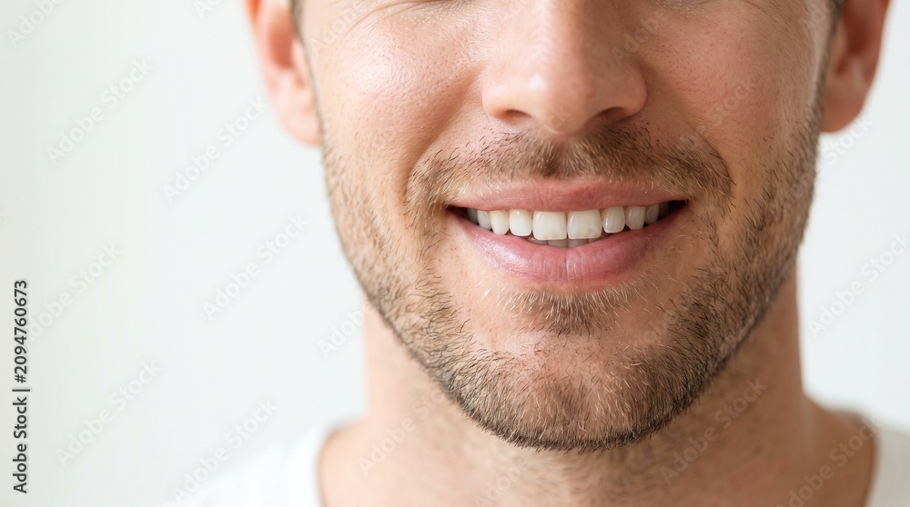 Fototapeta premium Close up of a man smiling with perfect healthy white teeth and stubble beard