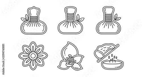 Bild auf Leinwand Herbal Compress Balls, Flower, and Grater Icons: Spa and Wellness Vector Set