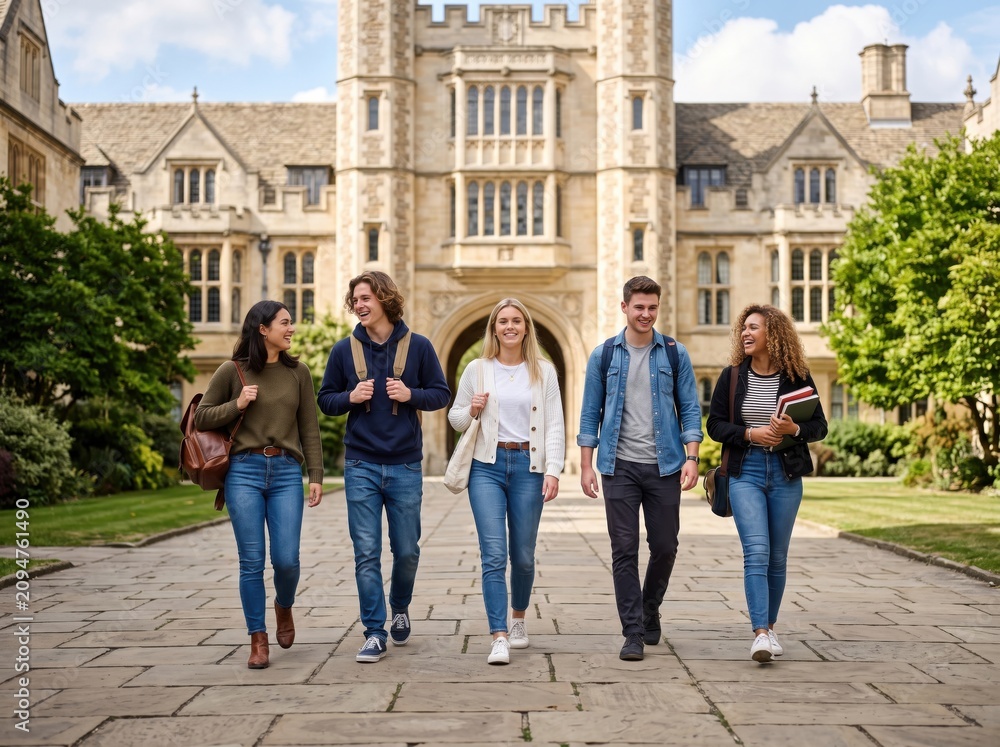 Obraz premium Five diverse young adults walking together on a stone path in front of a large historic university building with gothic architecture and green trees