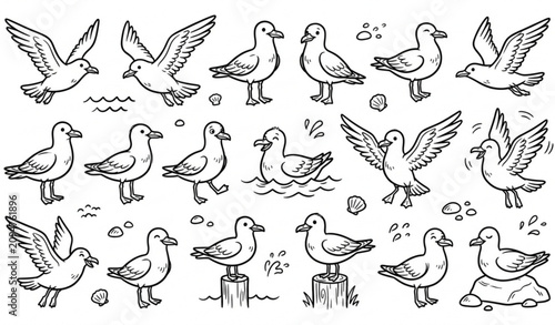 Foto Cute doodle seagull outline vector set with flying standing and wave birds isola