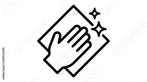 A black and white line art icon showing a hand wiping with a cleaning cloth