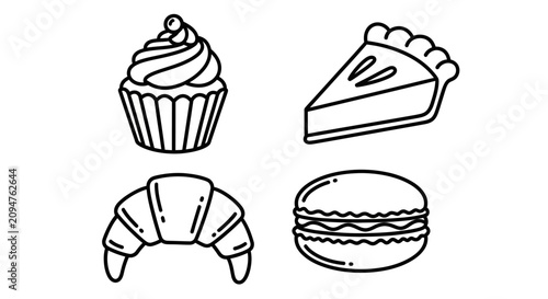 Foto Hand-drawn illustrations of sweet pastries: cupcake, pie slice, croissant, and macaron
