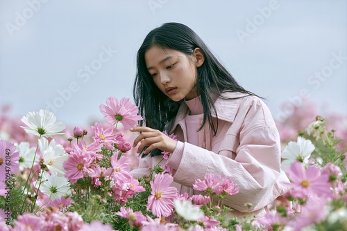 Korean Teenage Girl Touching Cosmos Flowers in a Flower Field
