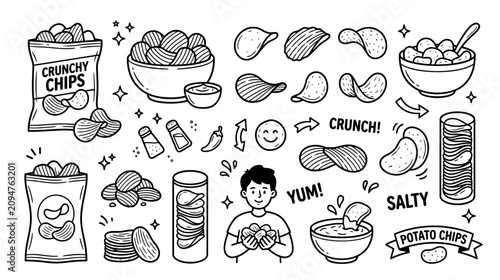 Hand-Drawn Potato Chips Collection: Snacks, Bags, Bowls, and Fun Elements