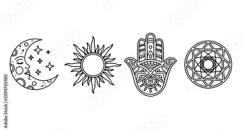 Canvastavla Celestial Icons: Moon, Sun, Hamsa Hand, Geometric Mandala