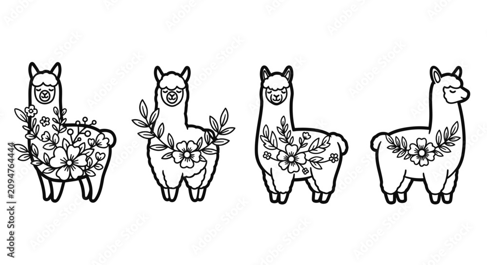 Fototapeta premium Cute Llama Illustrations with Floral Decorations - Vector Art