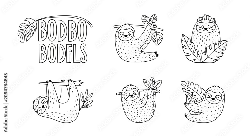 Fototapeta premium Cute Sloth Illustrations Set: Hanging, Resting, and Text Designs