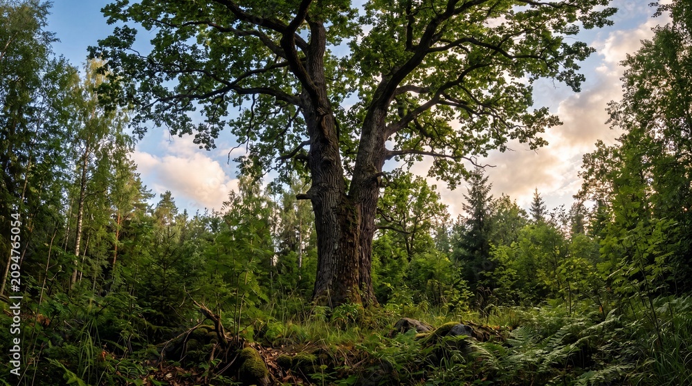 Fototapeta premium Tall tree stands in the forest under a cloudy sky at sunset