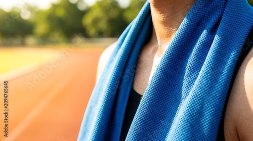 Close up of athlete with blue cooling towel around neck managing heat stress after track workout