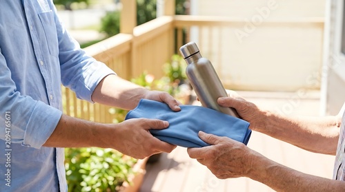 Person gives reusable water bottle and cloth to an elderly woman outdoors during heat