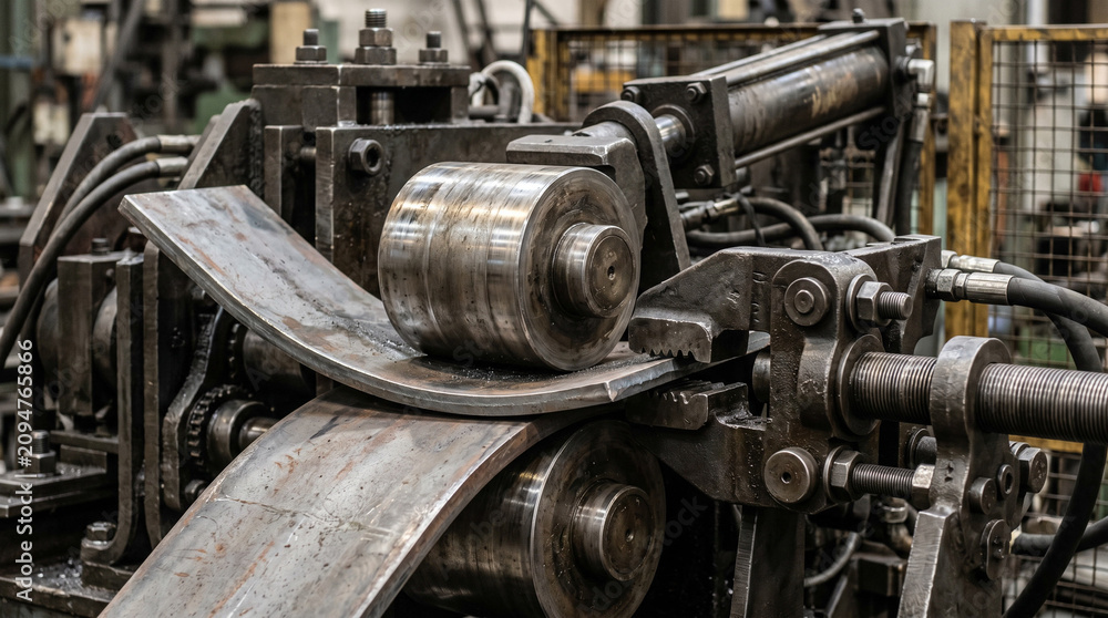 Fototapeta premium Heavy industrial metal rolling machinery in a factory workshop.