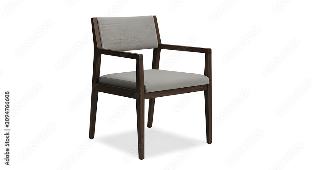 Fototapeta premium Modern minimalist armchair with gray upholstery. Sleek wooden framed lounge chair for contemporary interiors