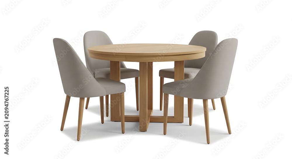 Fototapeta premium Modern round wooden dining table with four upholstered chairs. Minimalist neutral-toned furniture set for contemporary interiors.