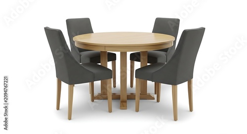 Modern round wooden dining table with six dark green chairs. Minimalist home office or kitchen furniture set for contemporary interiors.