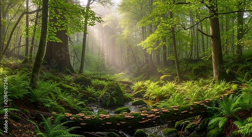 Lush Green Forest Stream Glowing in Misty Morning Woodland