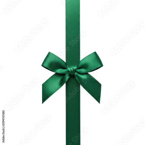 A green ribbon tied into a bow on a white background, symbolizing elegance and festivity.