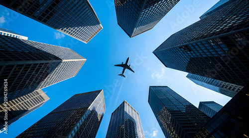 Tall modern skyscrapers with glass facades surrounding a plane flying overhead against a bright blue sky in a bustling cityscape with emphasizing urban height modern architecture