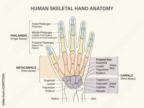 A human hand with labeled skeletal anatomy is shown in a medical illustration.